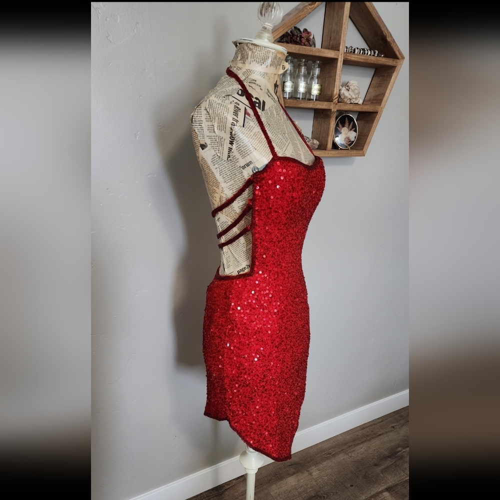 Red 100% Silk Sequin Dress XS